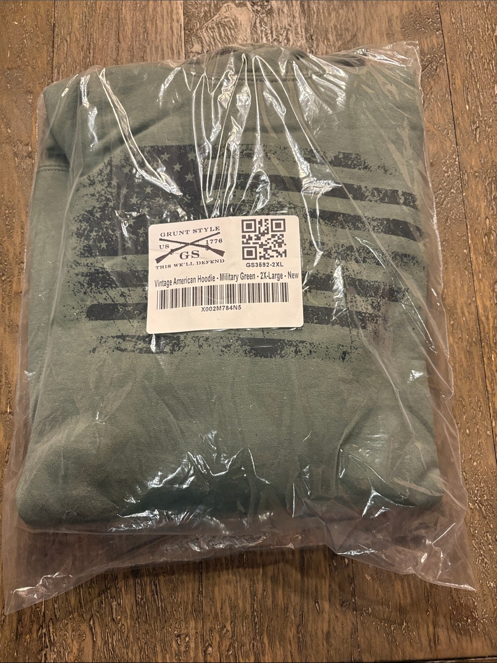 Grunt Style Military Green Pullover Hoodie with Distressed Flag Graphic